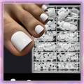 White press-on toenail set with size tray on a pink lavender sparkle background