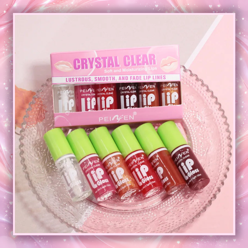 Six colorful glass mirror lip glosses framed on a blush lavender sparkle background