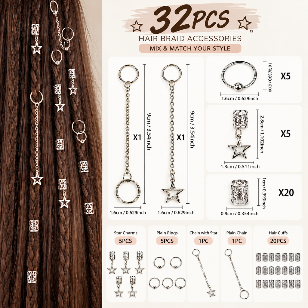 ☆ 32-Piece Star Braid Cuffs & Loc Jewelry Set