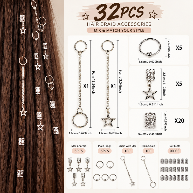 ☆ 32-Piece Star Braid Cuffs & Loc Jewelry Set