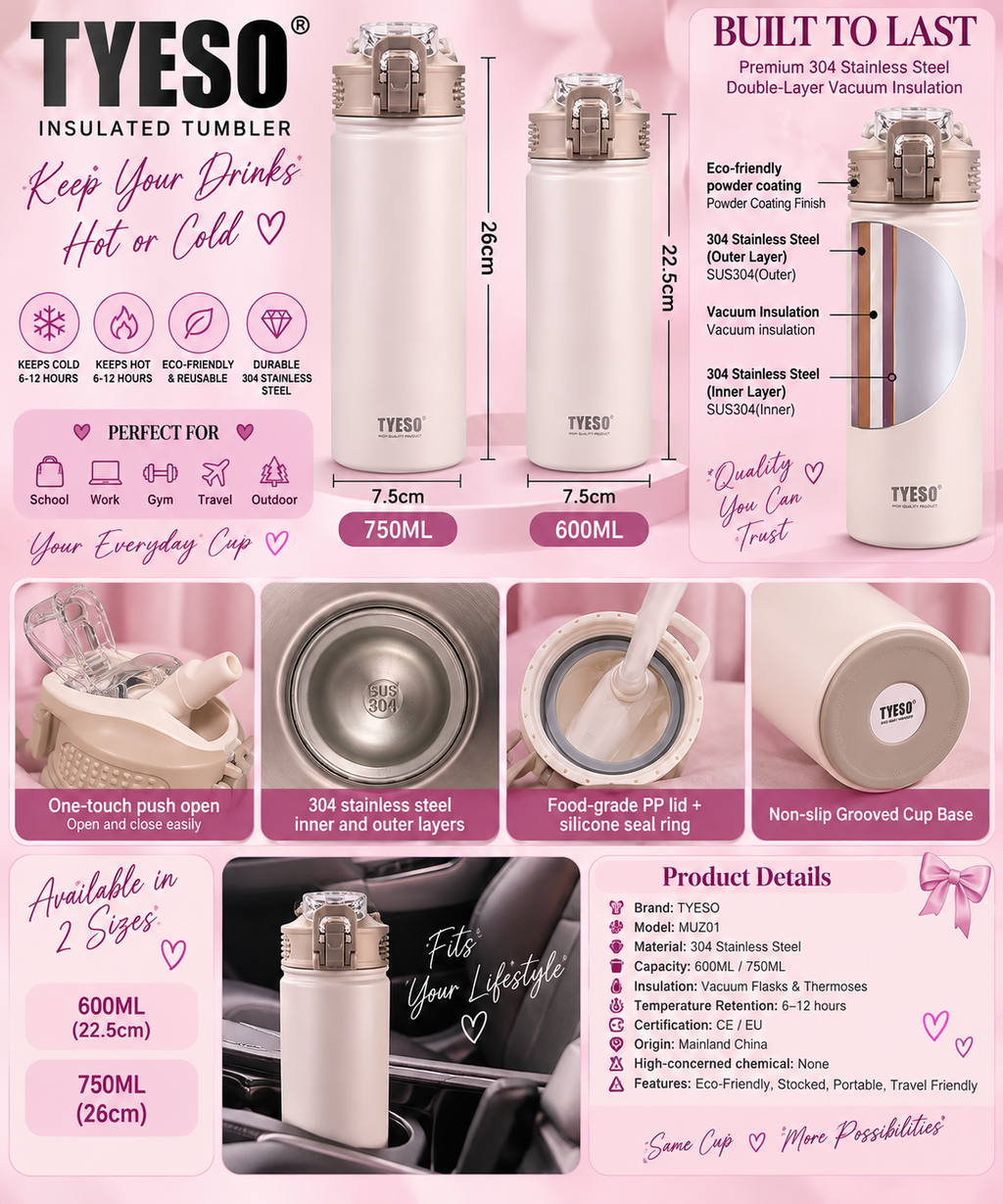 💜 Insulated Stainless Steel Tumbler with Straw — 600ML / 750ML
