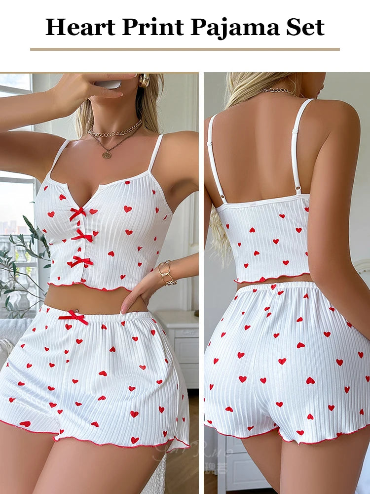 ❀ Heart Print Satin-Look Pajama Set