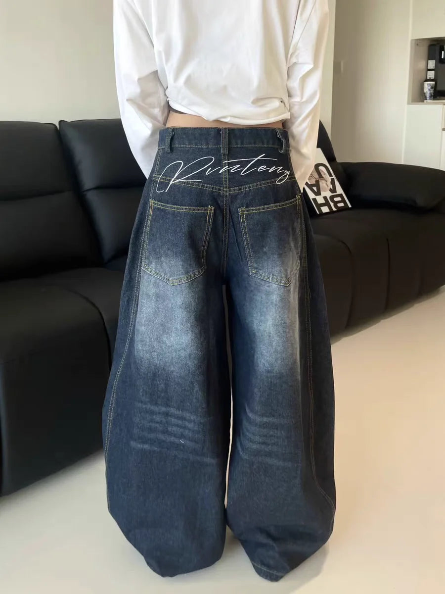 ⛓ Women's Blue Washed Wide-Leg Jeans