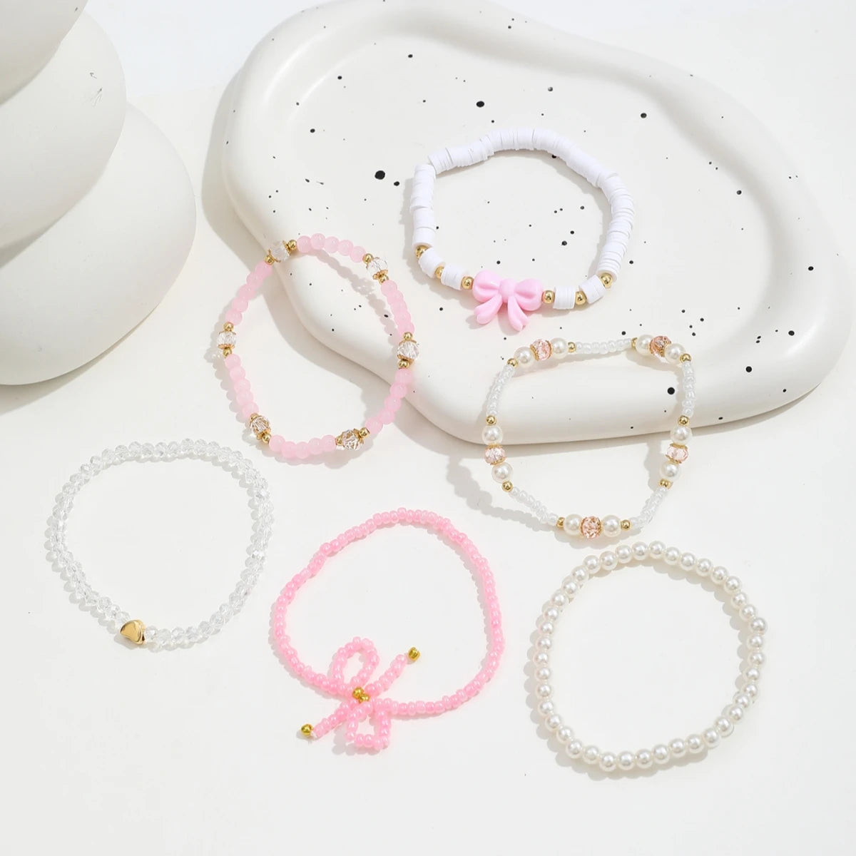 🎀 6-Piece Pearl & Bow Bracelet Set