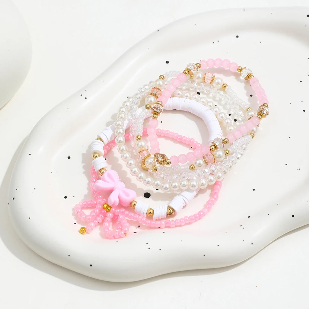 🎀 6-Piece Pearl & Bow Bracelet Set