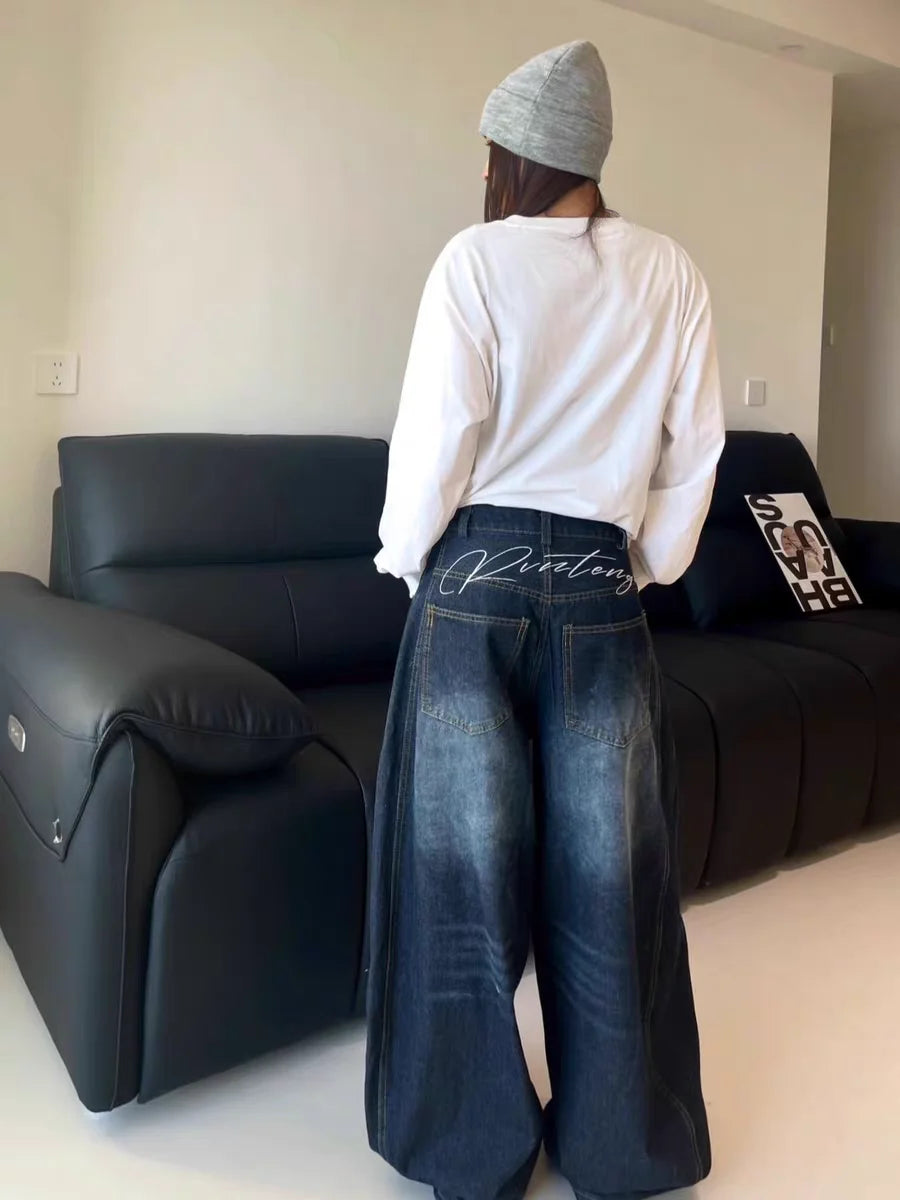 ⛓ Women's Blue Washed Wide-Leg Jeans