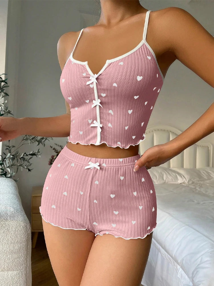 ❀ Heart Print Satin-Look Pajama Set