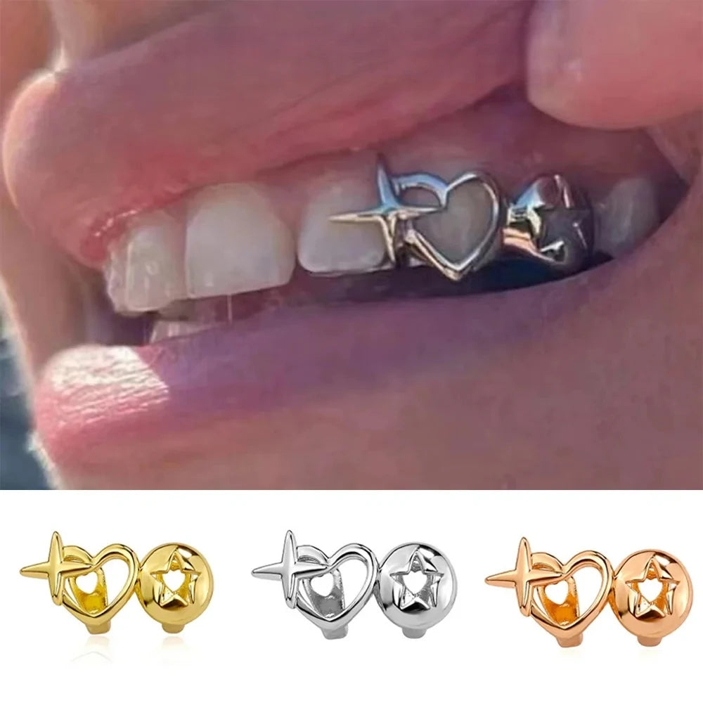 ♡ Silver-Tone Hollow Heart Tooth Caps