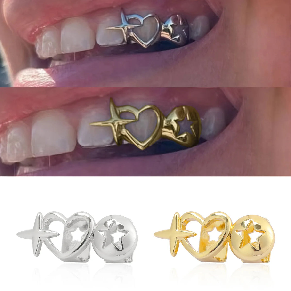 ♡ Silver-Tone Hollow Heart Tooth Caps