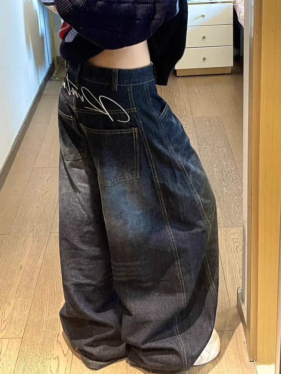 ⛓ Women's Blue Washed Wide-Leg Jeans