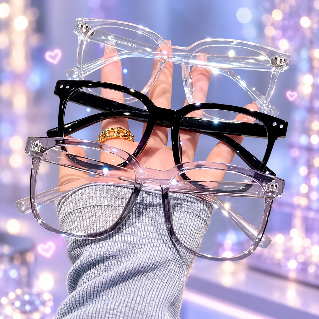 Three square frame blue light glasses on a sparkling lavender background