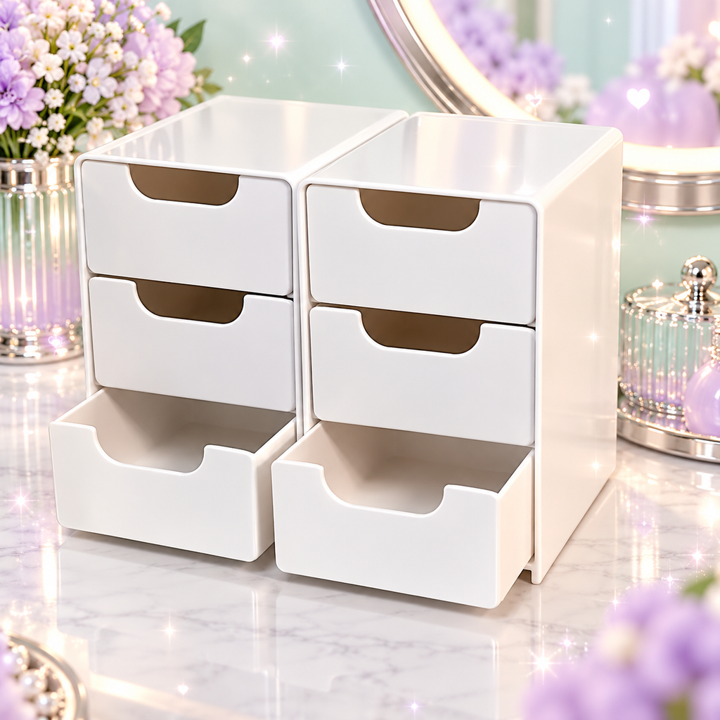 Three tier cosmetic organizer on a sparkling mint lavender vanity background
