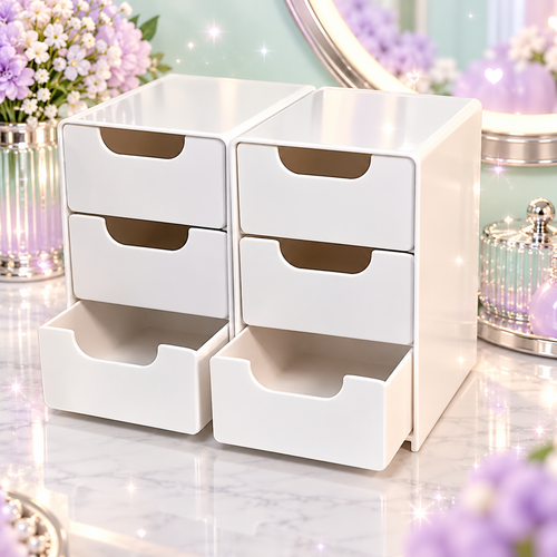 Three tier cosmetic organizer on a sparkling mint lavender vanity background