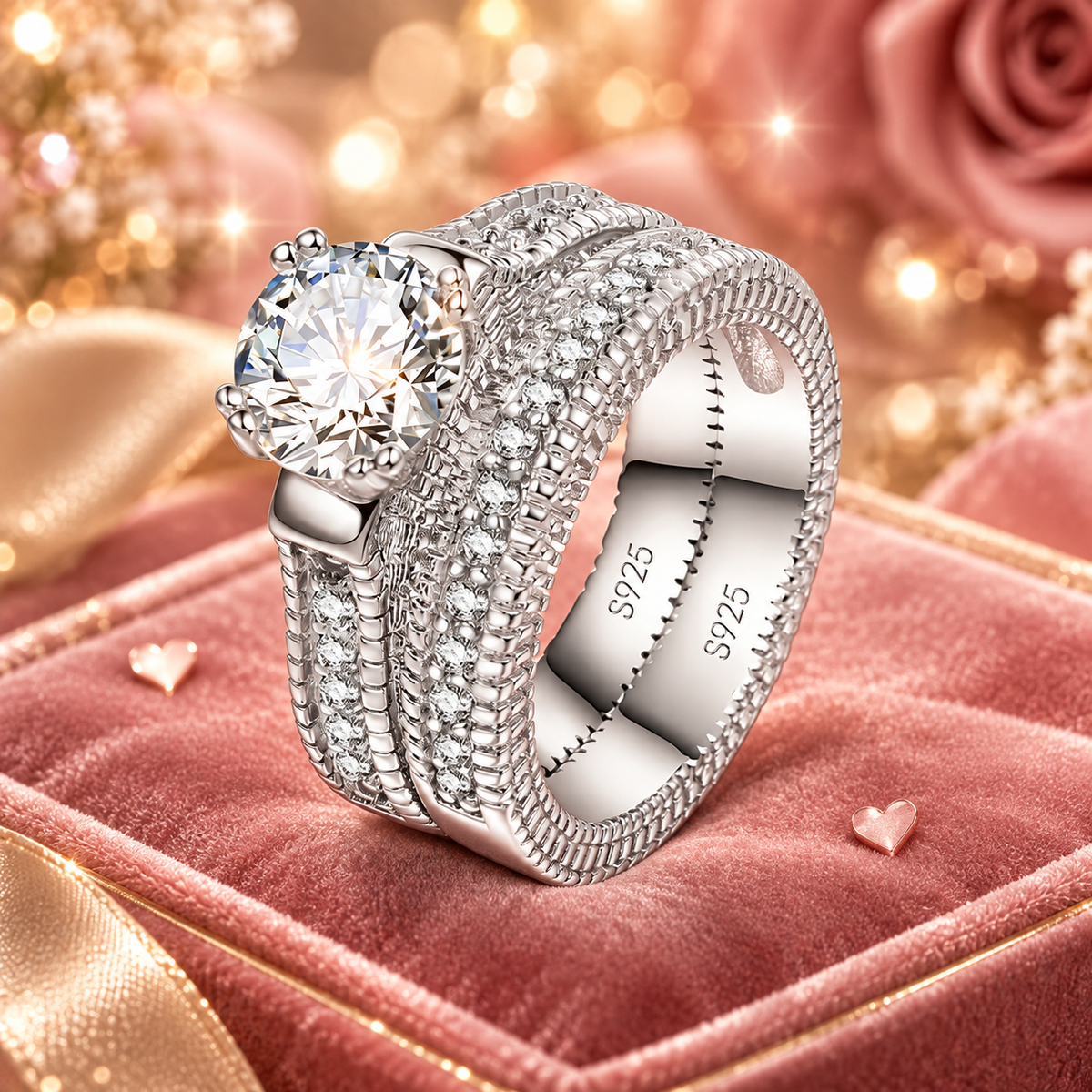 Silver ring set on a sparkling rose velvet background