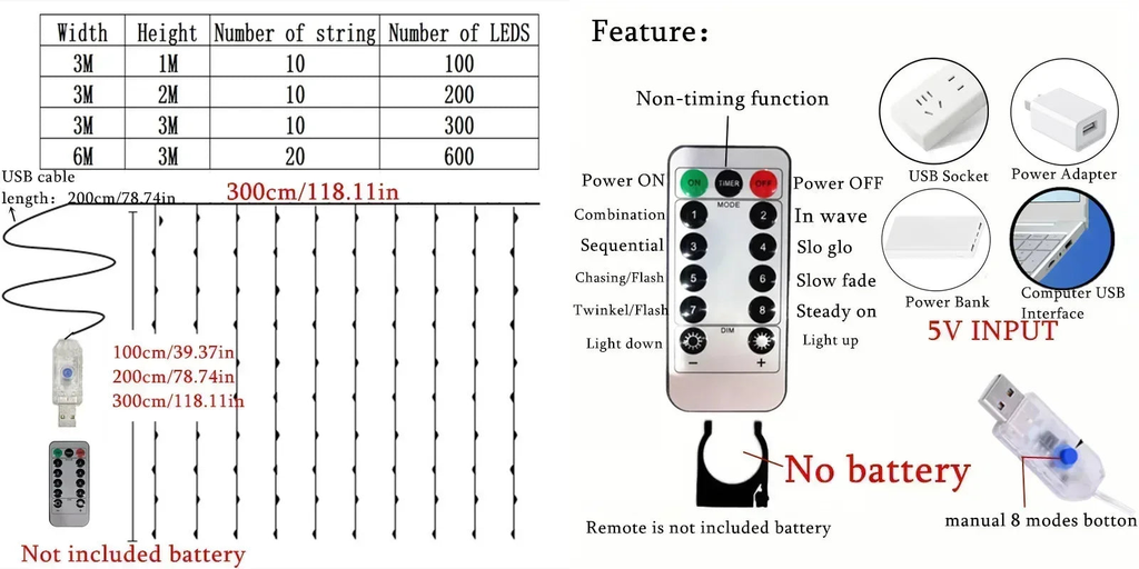 Curtain light size, LED count, power, and mode details