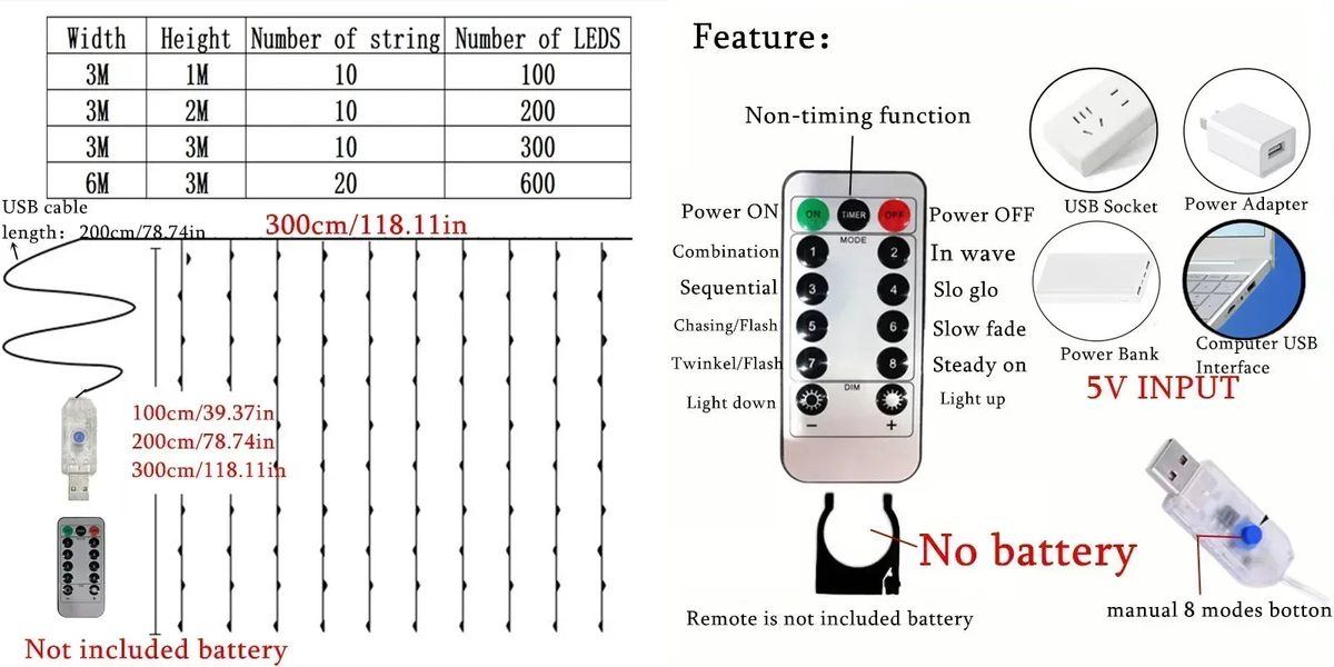 Curtain light size, LED count, power, and mode details
