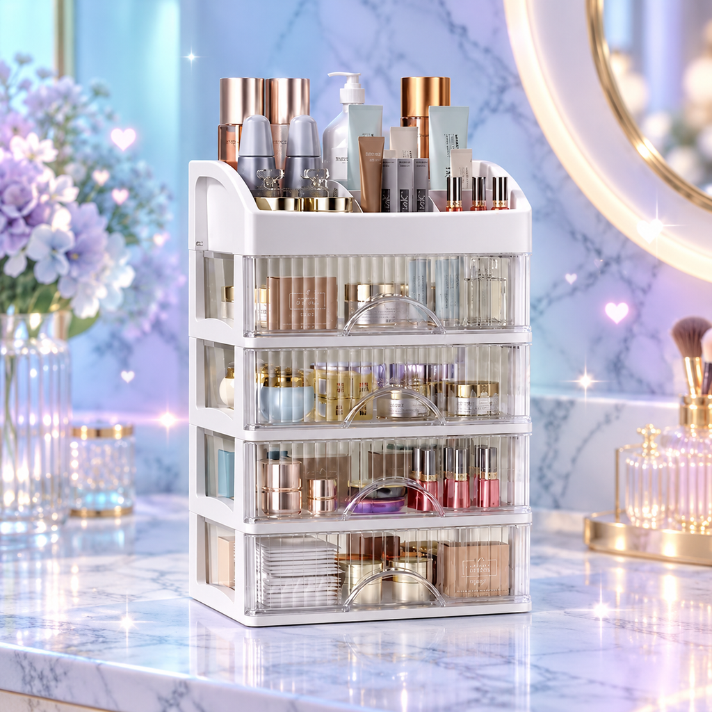 Makeup organizer on a sparkling pale blue marble background