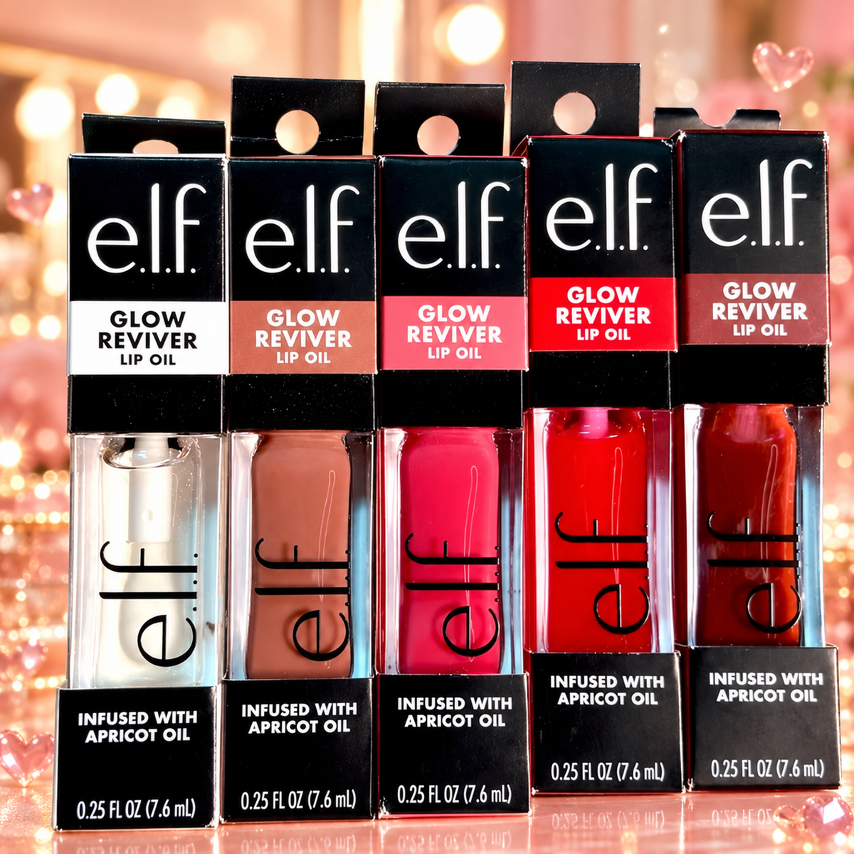 Glow Reviver Lip Oil on a sparkling peach rose background