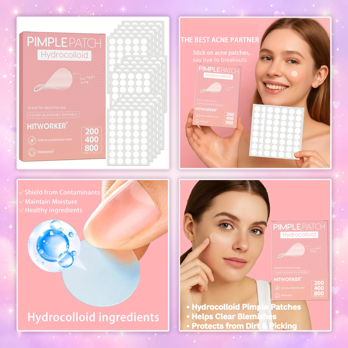 Hydrocolloid acne patches collage showing package, sizes, product use and patch benefits
