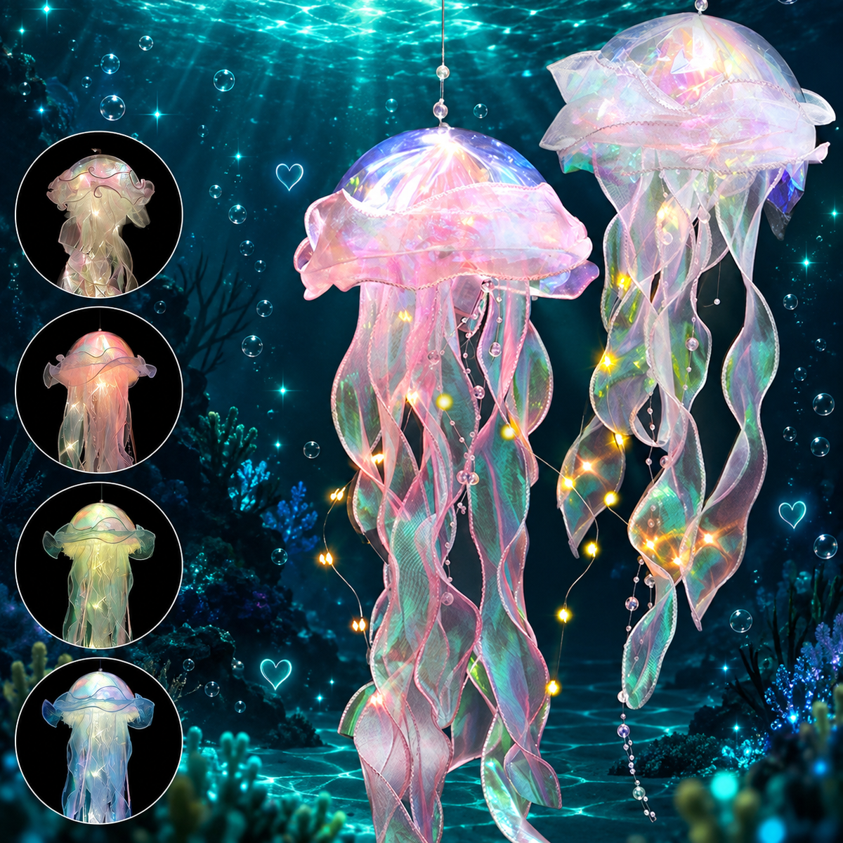 Jellyfish LED night lights in a glowing teal underwater scene