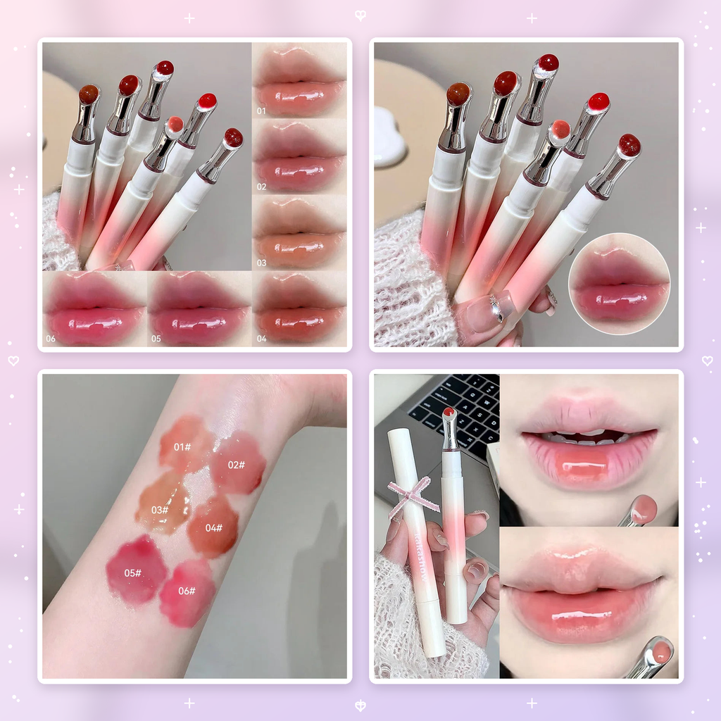 KAKASHOW lip gloss shades and original swatch photos on a soft pink and lavender cover