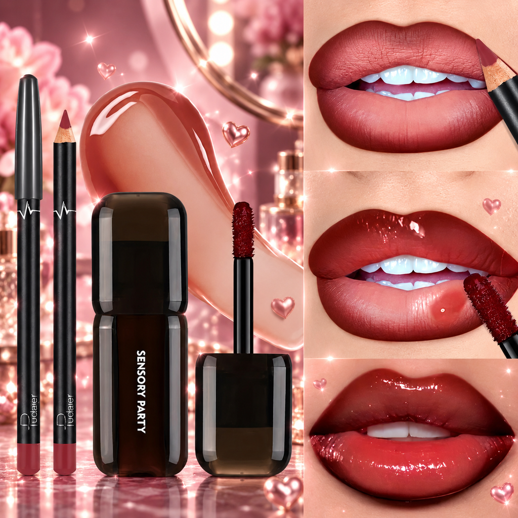 Lip liner and gloss set on a sparkling rose plum background