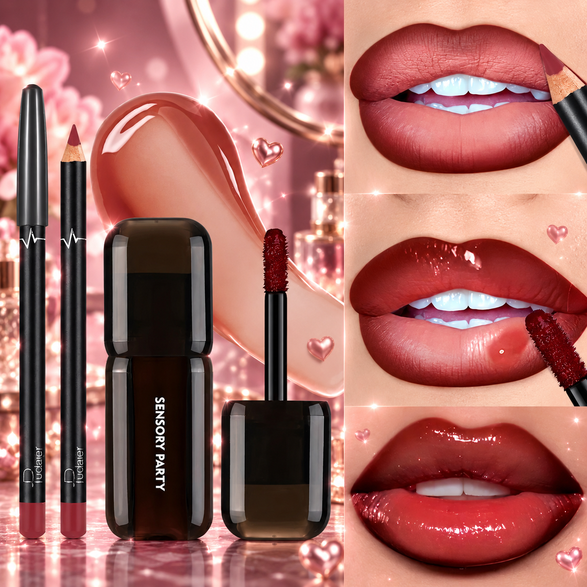 Lip liner and gloss set on a sparkling rose plum background