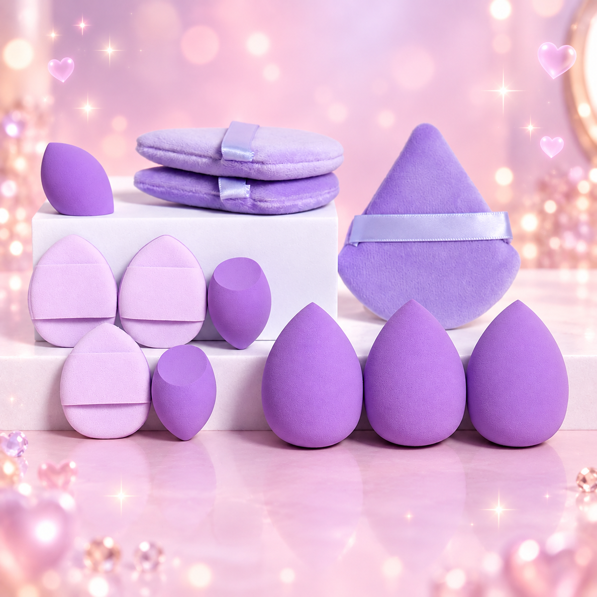 Lavender and pink makeup sponges and powder puffs on a sparkling pastel background
