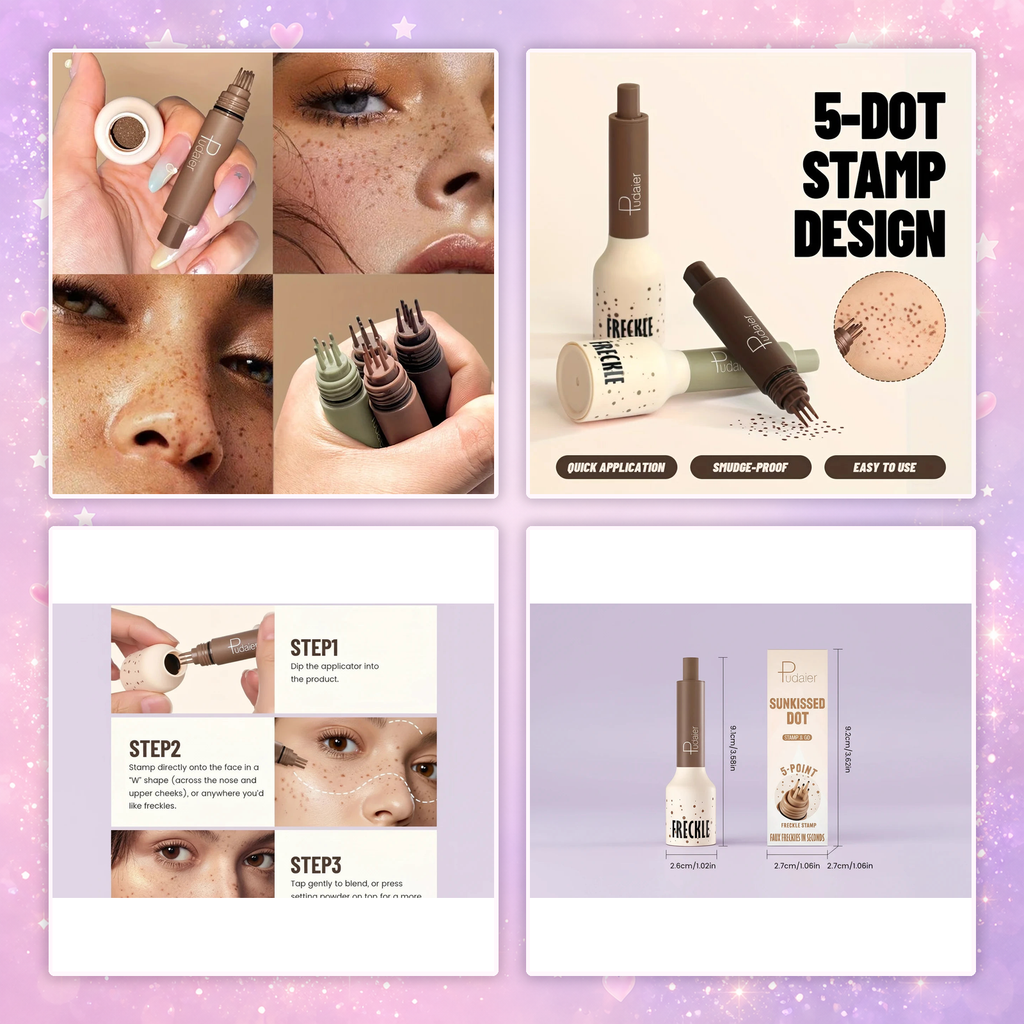 Freckle stamp pen collage showing applicator design, freckles, application steps and size