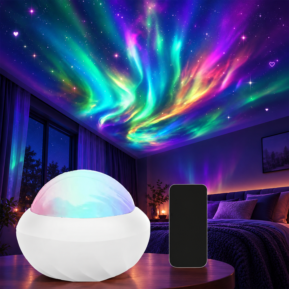 RGB northern lights projector in a glowing indigo aurora scene