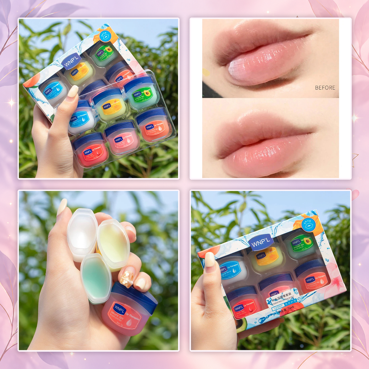 Lip balm collage showing the packaged set, balm shades, open containers and lip finish