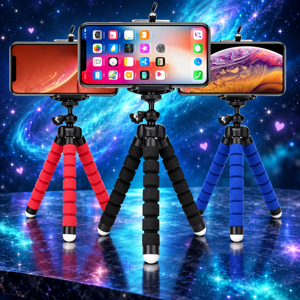 Flexible phone tripods on a blue galaxy background