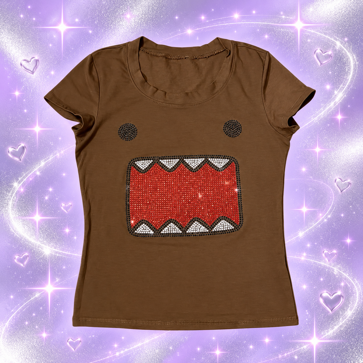 Brown cartoon rhinestone tank top on a sparkly lavender background