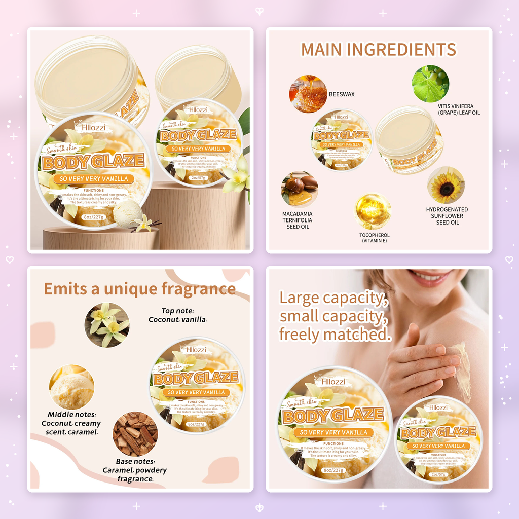 Vanilla body glaze original product, ingredient and fragrance images in a pink lavender cover