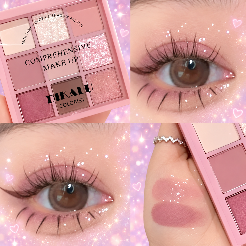Eyeshadow palette on a pastel pink and lavender sparkling heart background