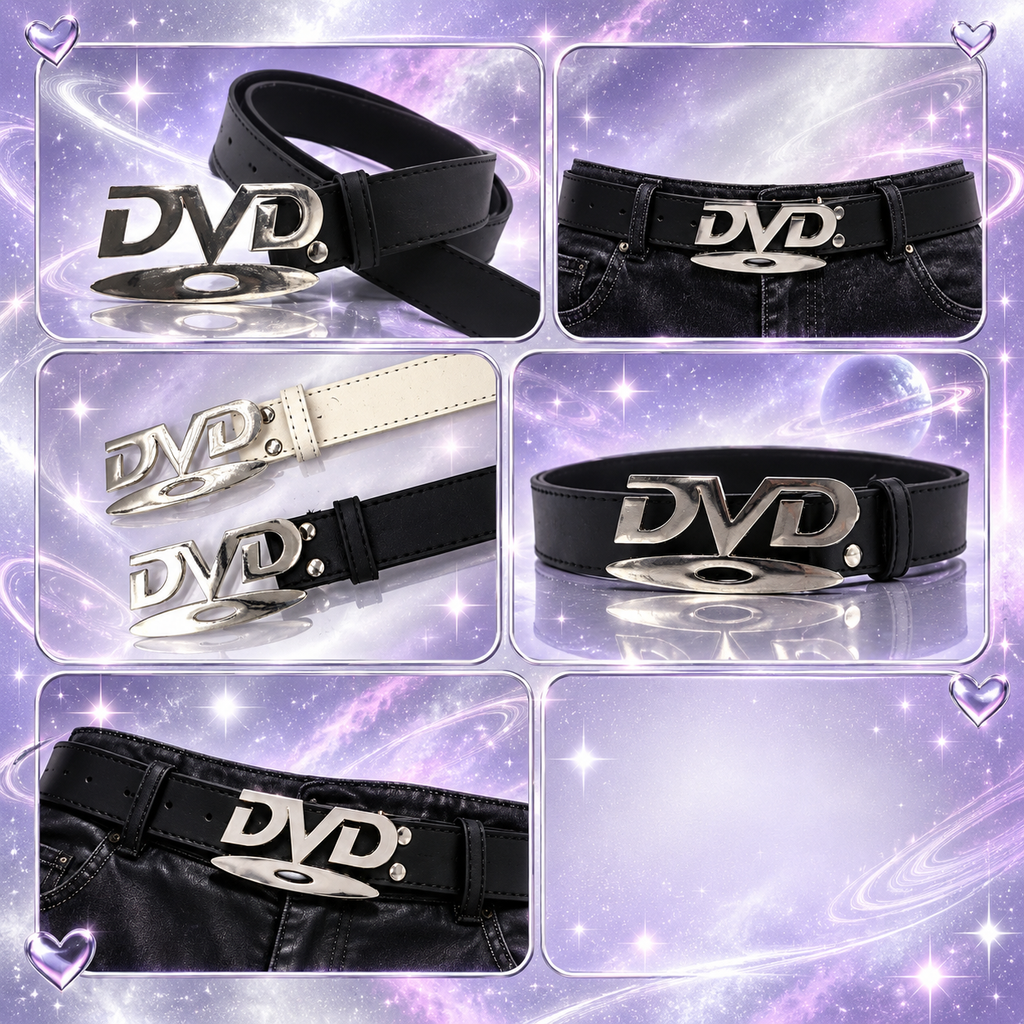 Y2K letter buckle belt shown in a detail collage on a lavender and silver galaxy background