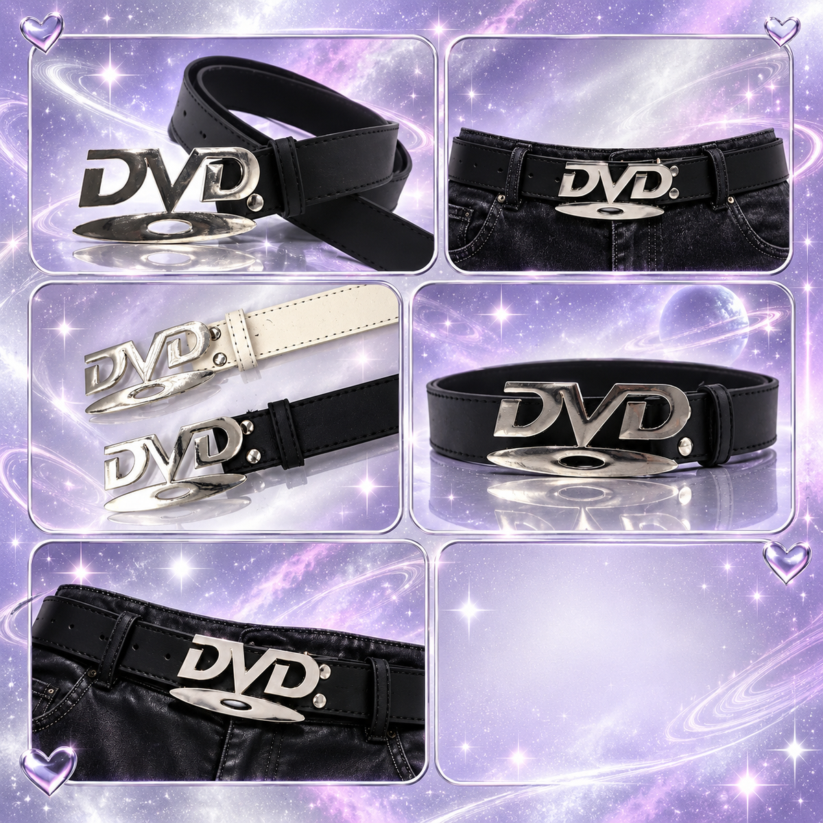 Y2K letter buckle belt shown in a detail collage on a lavender and silver galaxy background