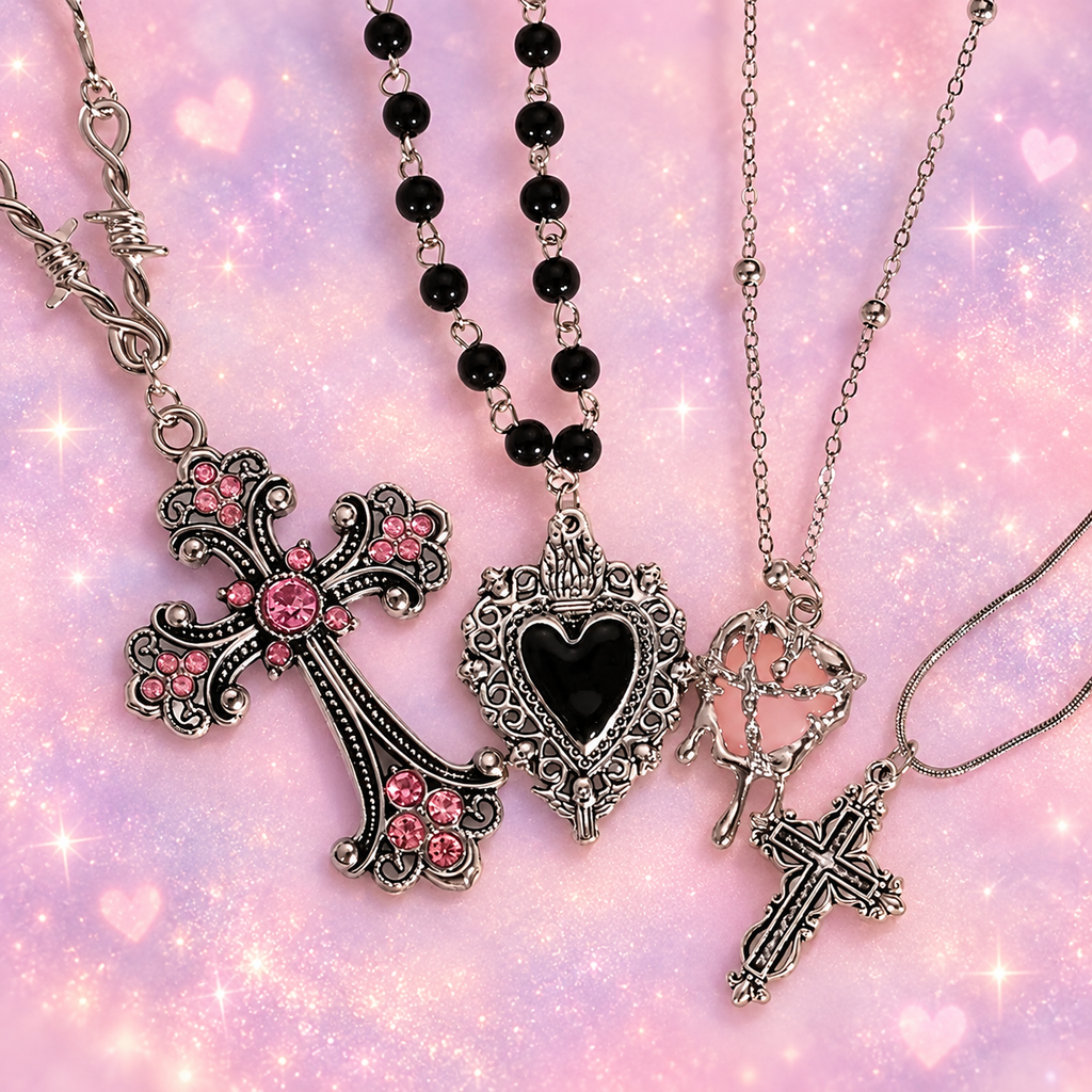 Rhinestone pendant necklaces on a pastel pink sparkling heart background