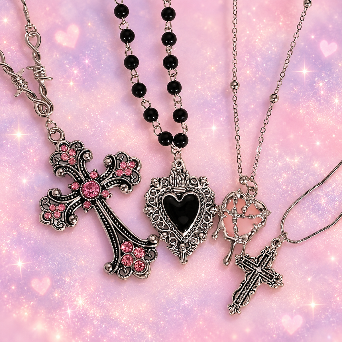 Rhinestone pendant necklaces on a pastel pink sparkling heart background