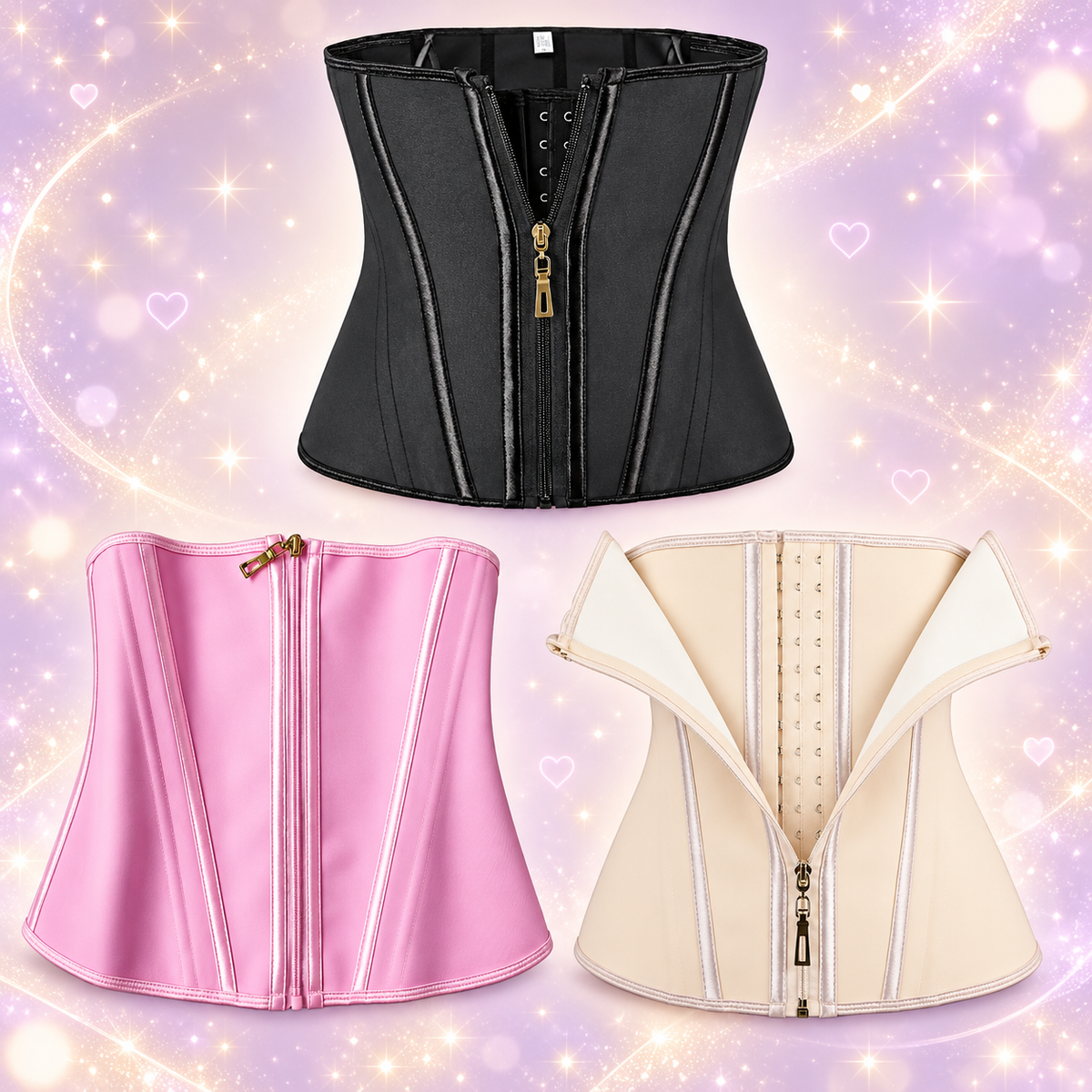 Black, pink and beige waist trainers on a sparkling pastel background