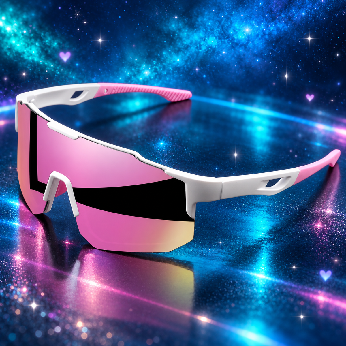 Wraparound sports sunglasses on a blue galaxy background